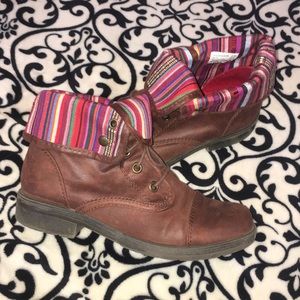 brown combat boots with patterned inside